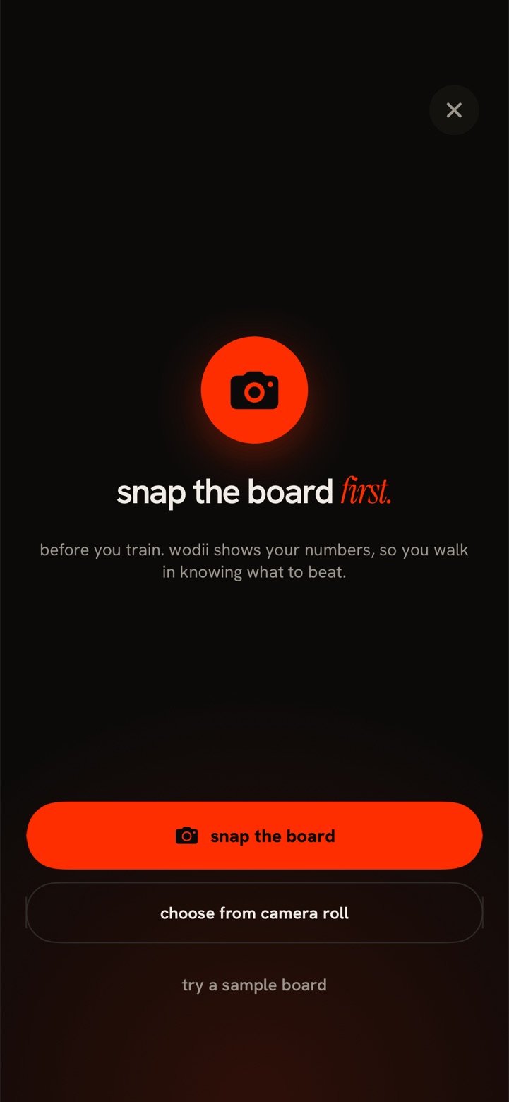 the wodii capture screen on iphone, headed &ldquo;snap the board first&rdquo;, with buttons to snap the board, choose from camera roll, or try a sample board.