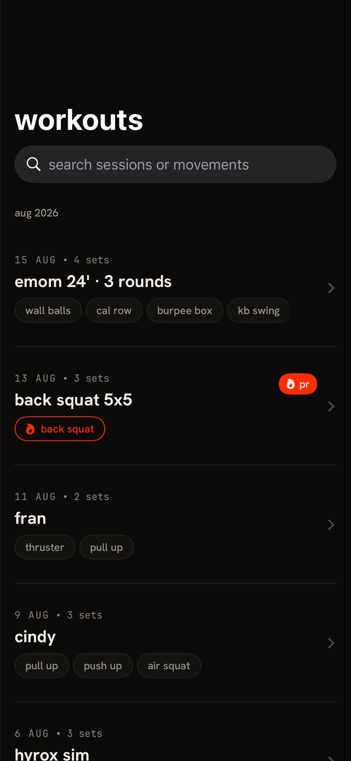 the wodii workouts list on iphone, showing sessions dated august 2026: an emom, a back squat 5&times;5 marked as a personal record, fran, and cindy, each with its movements.